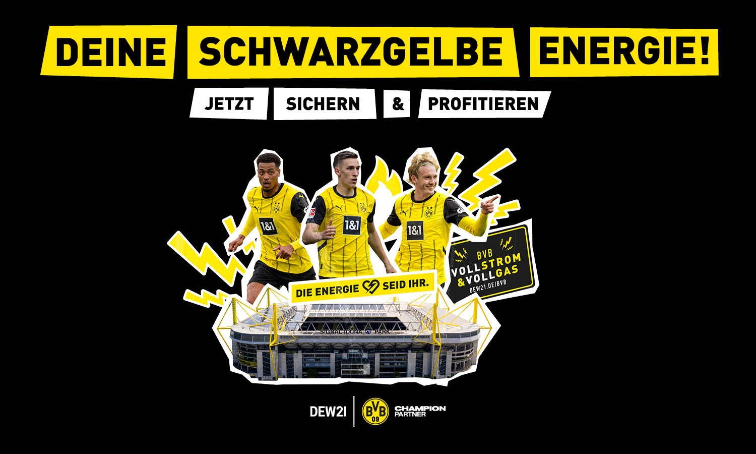 In schwarzgelbem Design erscheint der Titel "Deine Stadt. Dein Verein. Deine Energie." und neben Spielern des BVB werden die Produkte BVB Vollstrom und Vollgas präsentiert