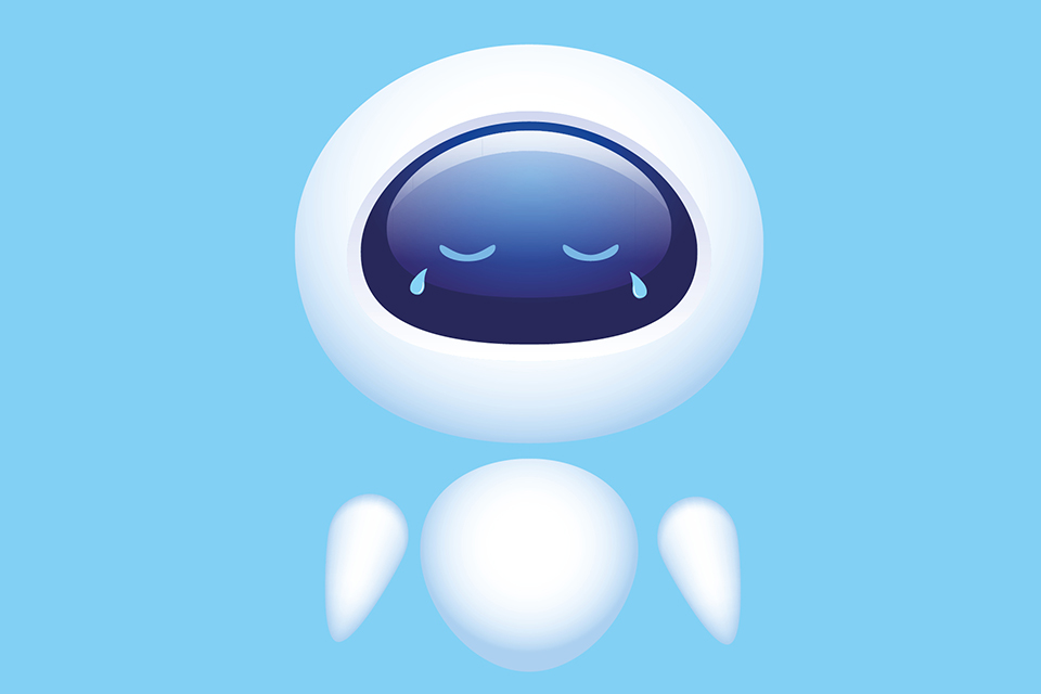 Chatbot Avatar Volty ist traurig, da sich ein Kunde vom Newsletter abmelden will.