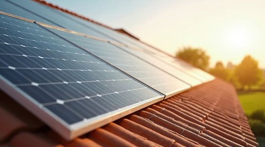 Solaranlage Solarmodule auf roten Ziegeldächern liefern alternative Energie. Erneuerbare Photovoltaikanlage erzeugt sauberen Strom aus Sonnenlicht im Haus. Umweltfreundliche technische Innovation, grüner Strom auf dem Wohndach