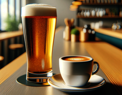 Glas Bier und Tasse Kaffee auf einem Tisch
